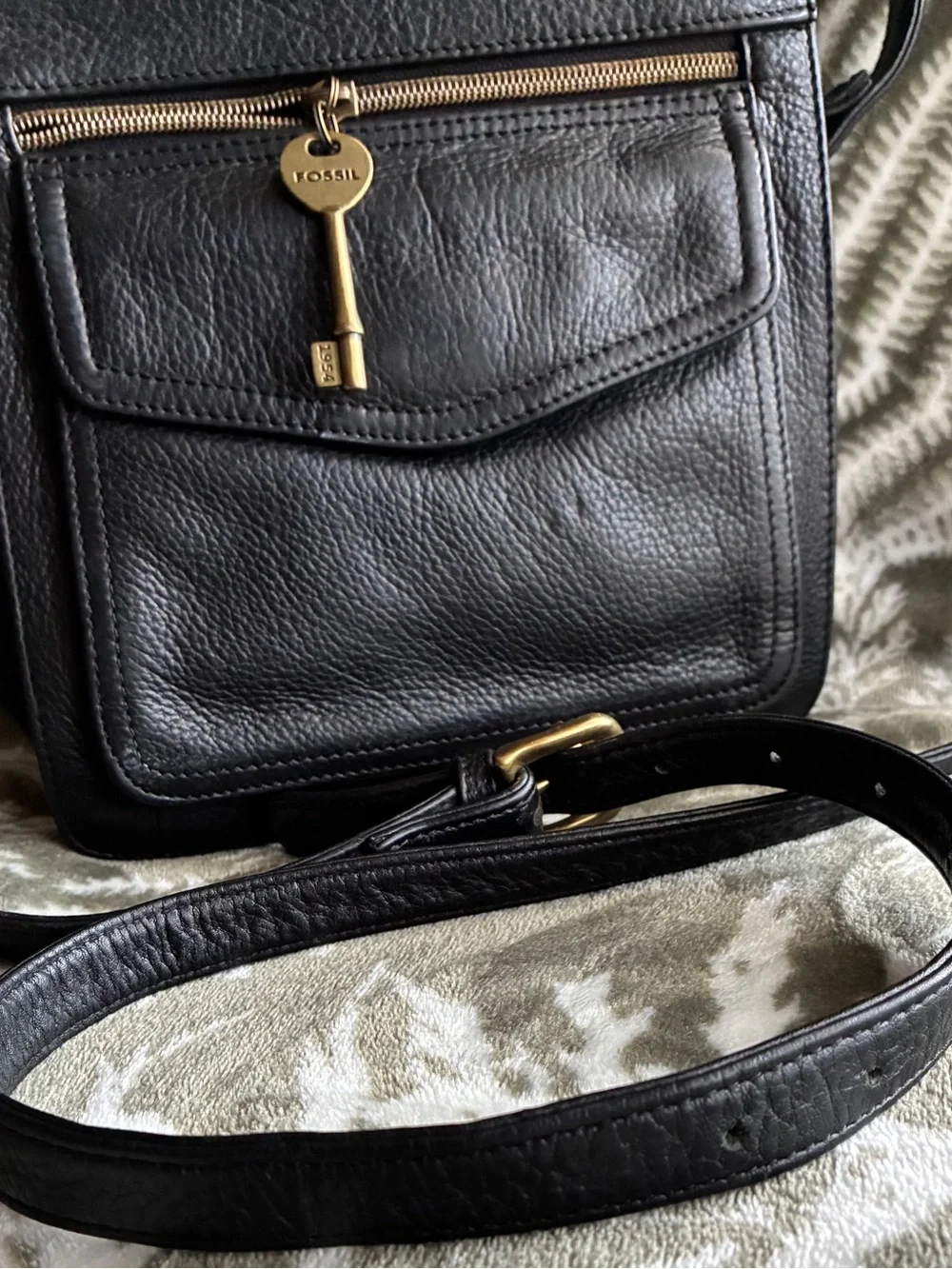 Fossil Black Leather Crossbody Bag with Brass Key Charm
